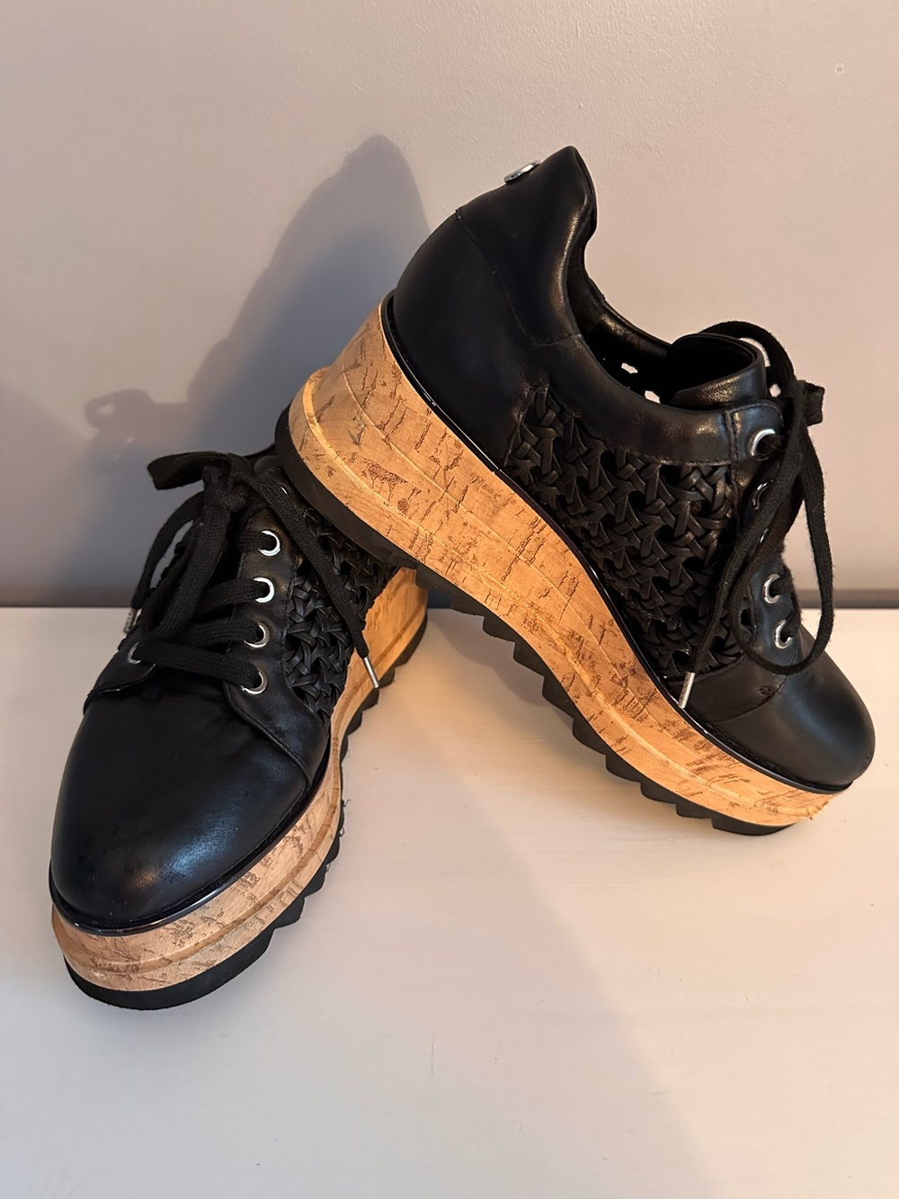 The Wishbone Collection - Platform, Chunky Cork Wedge, Oxford, Woven Sides, Sz 7